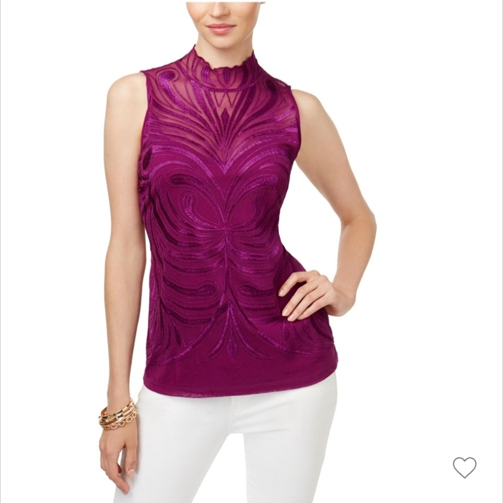 I.N.C. International Concepts Embroidered Knit Blouse, Burgundy, L